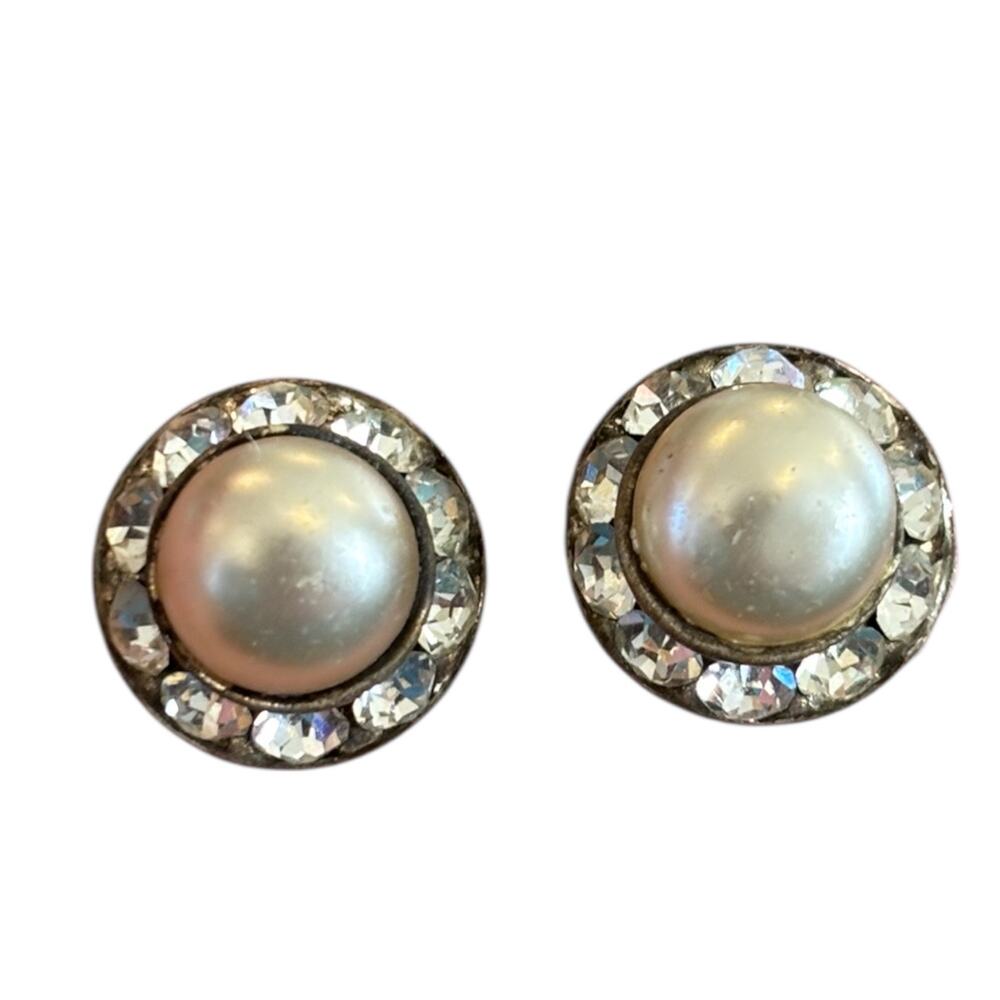 Vintage Faux Pearl Rhinestone Stud Earrings Halo Silver Tone Converted Pierced